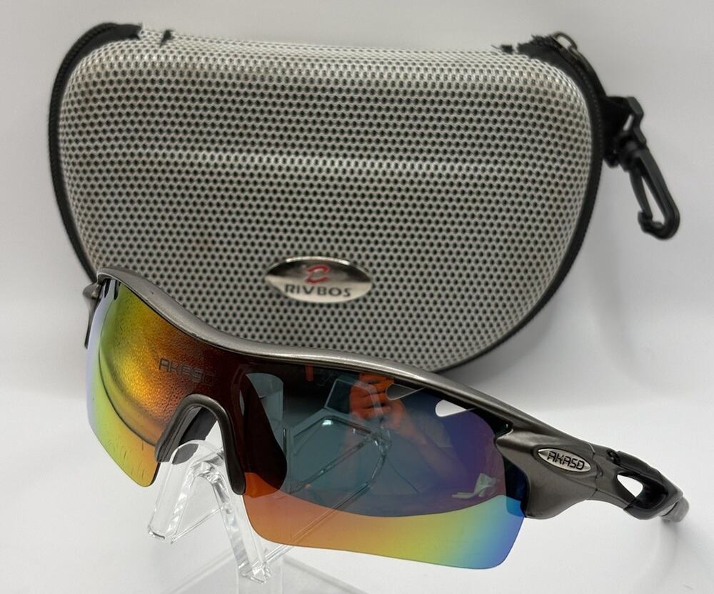 AKASO Cycling Sports Sunglasses Mirrored Lens 2 Extra Lenses Case Black Gray